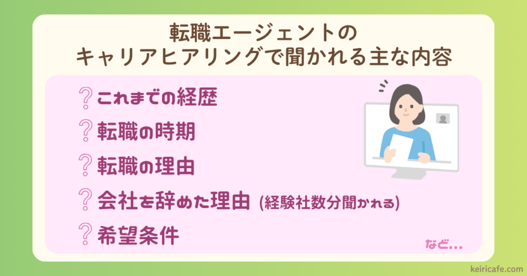 ヒアリングで聞かれる内容
これまでの経歴
転職の時期
転職の理由
会社を辞めた理由
希望条件
など
